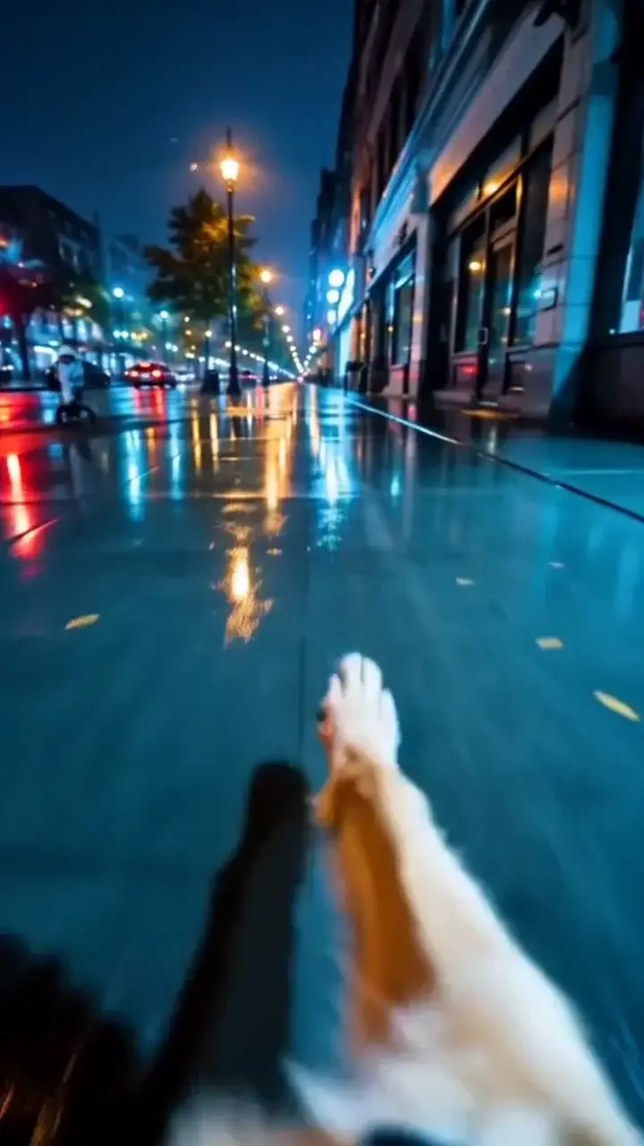 A dog's point of view walking down a rain-soaked city street at night