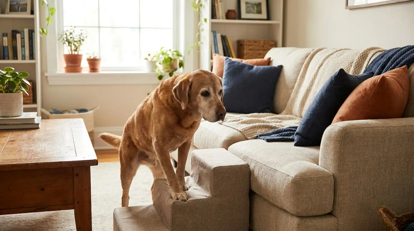 Golden-colored dog beside fabric-covered pet steps and a couch