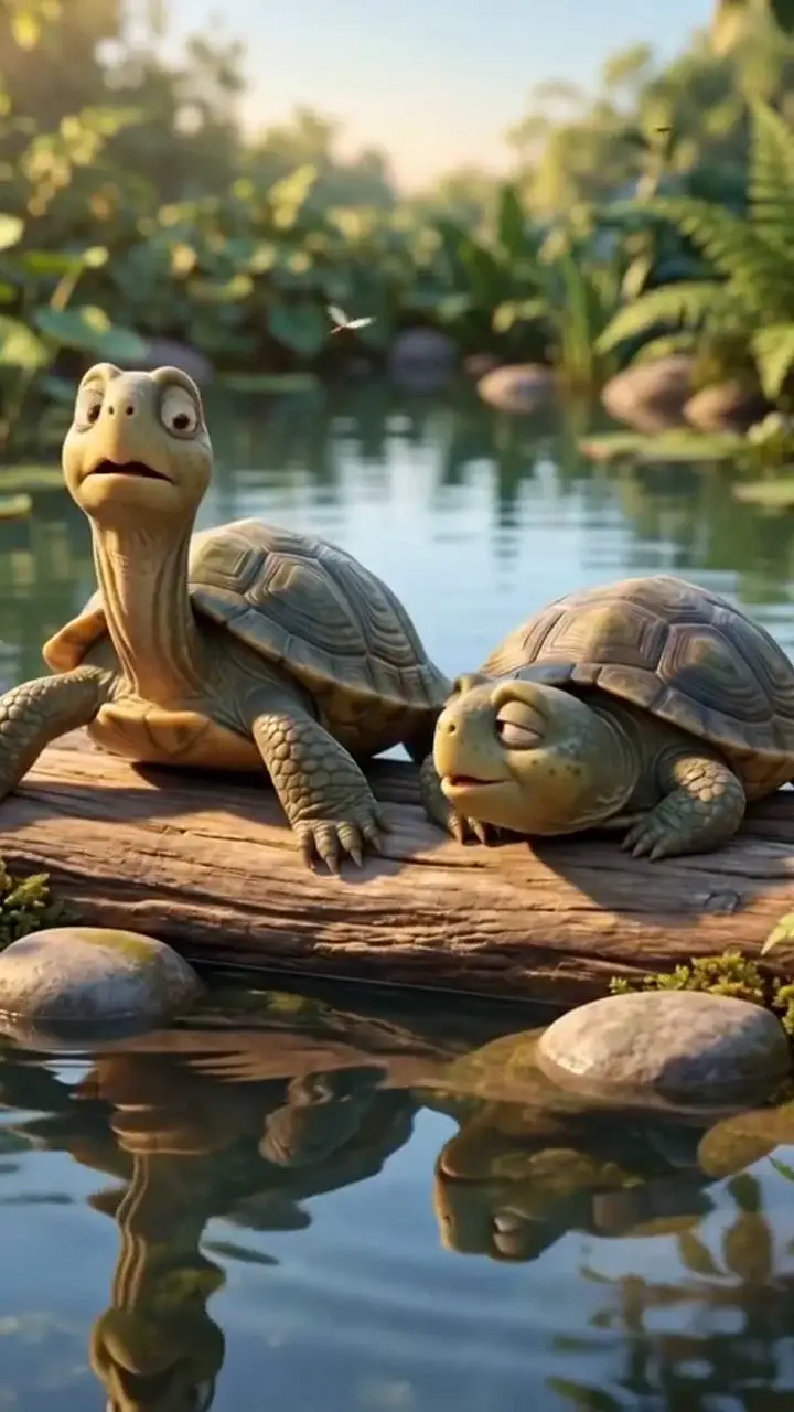 Two turtles basking together on a log in a sunny pond