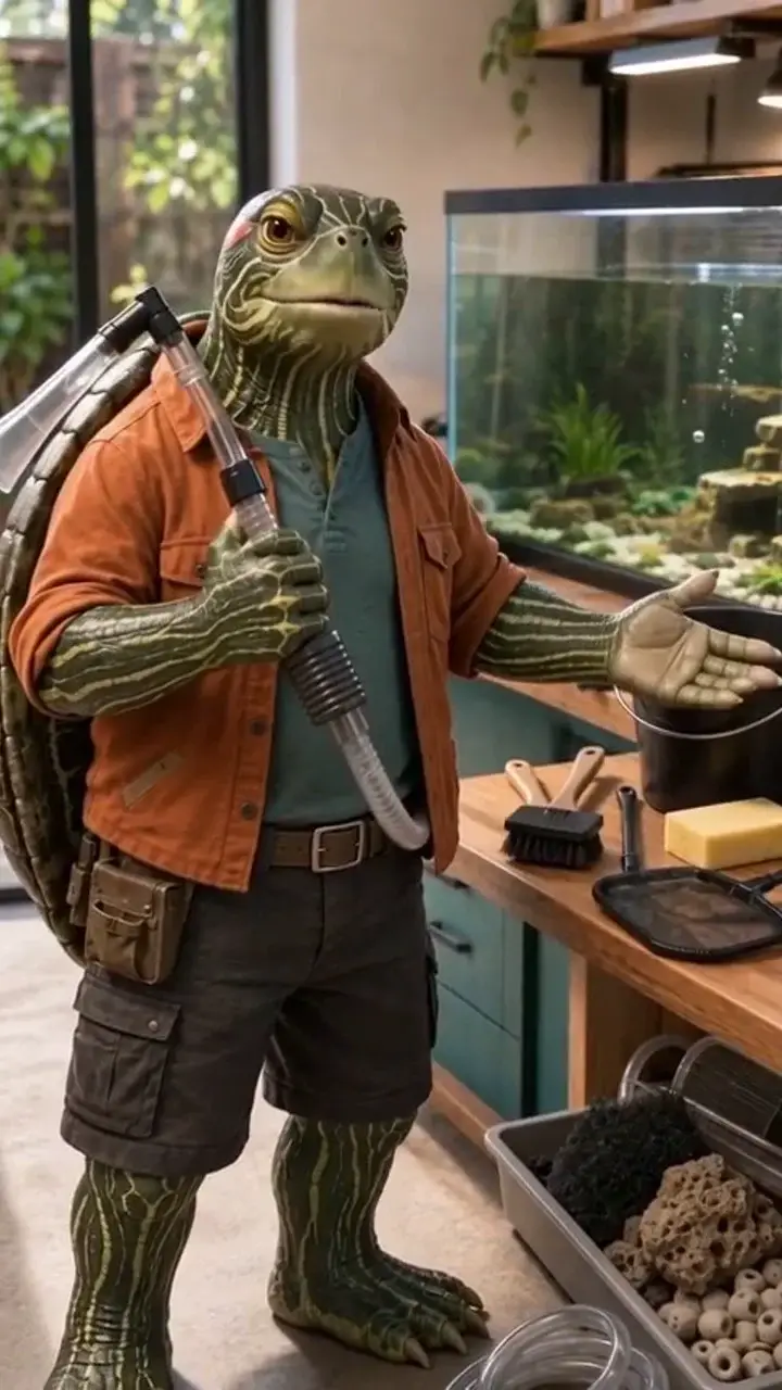 Shelby the turtle holding cleaning tools beside his aquarium tank