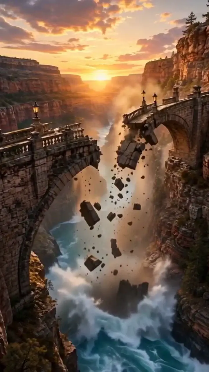 A stone canyon bridge collapsing into the river below at sunset