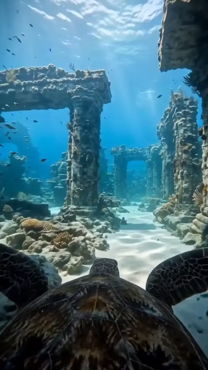 A turtle's point of view swimming through a sunken underwater colonnade of ruins