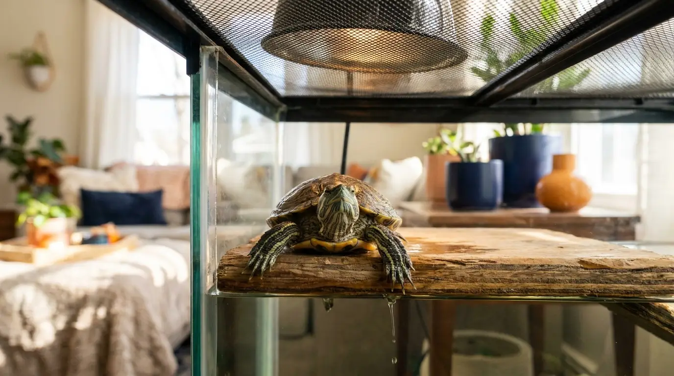Aquatic turtle resting on a wooden platform below a mesh tank lid