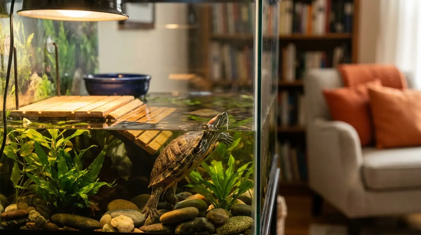 Aquatic turtle beside a wooden basking dock inside an aquarium