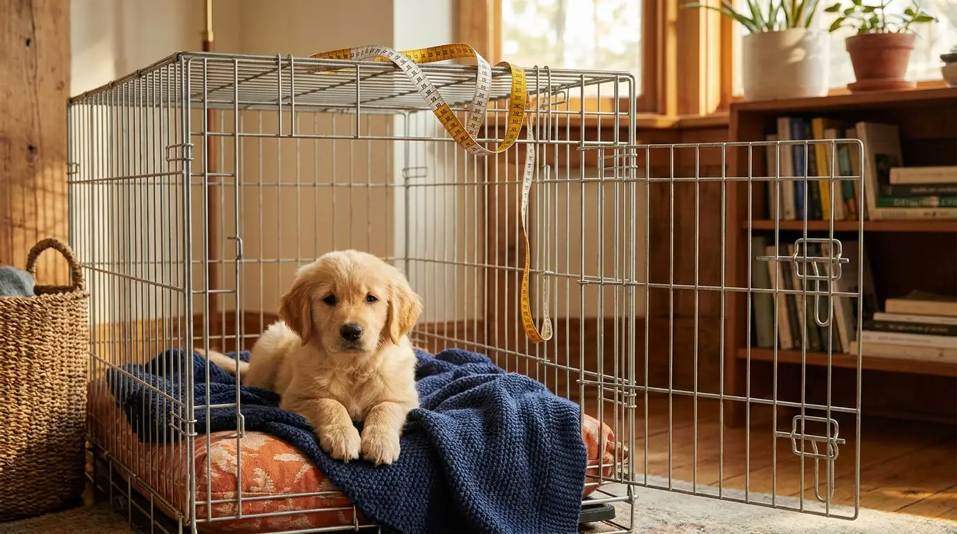 Puppy sitting inside an open wire crate with cozy bedding and a measuring tape on top