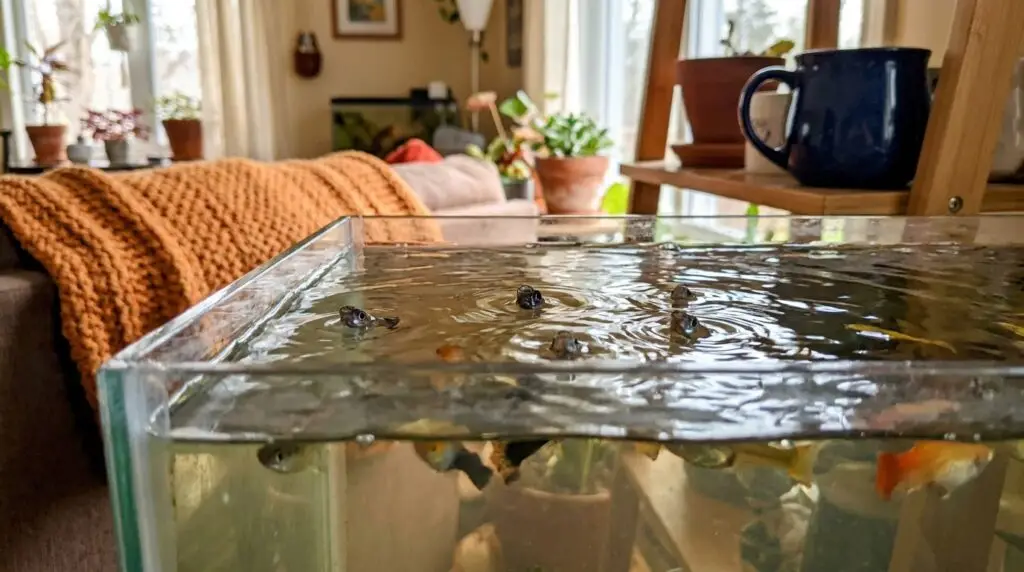 Aquarium fish gasping at a rippled water surface seen from the waterline