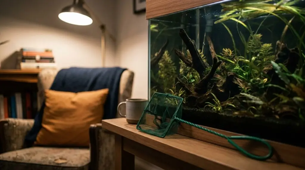 Dim quiet aquarium with an empty net resting on the rim