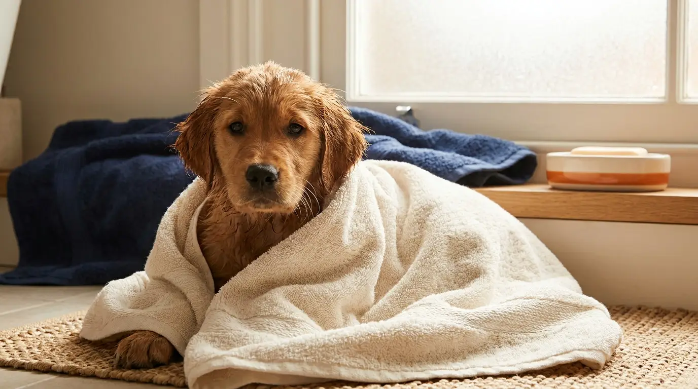 Golden-colored dog wrapped in a white towel near a window