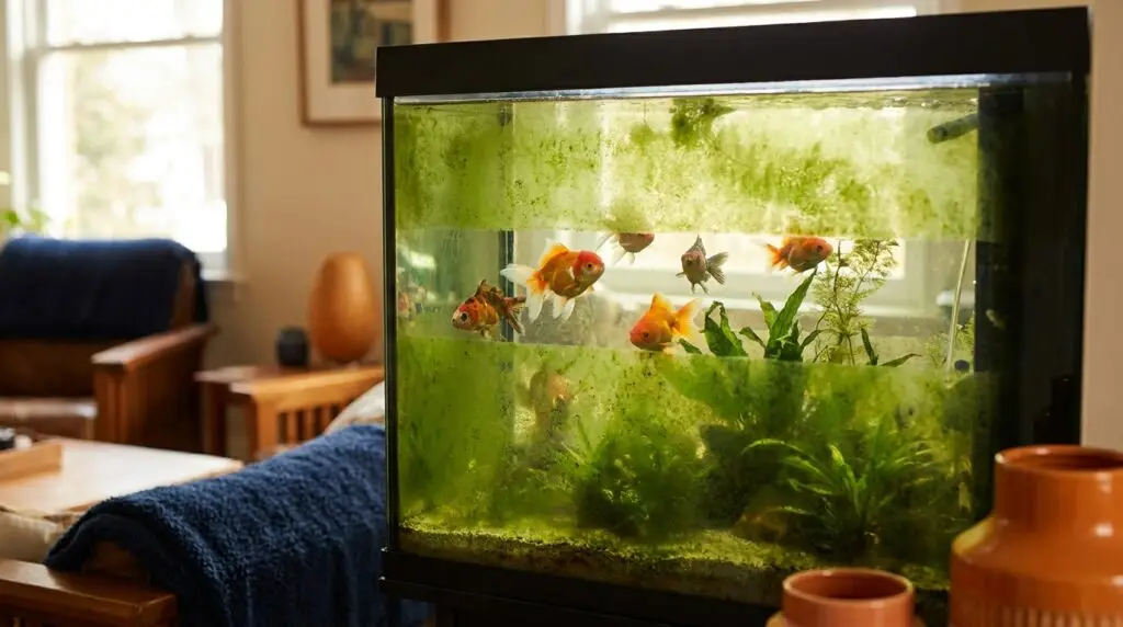 Algae-coated aquarium glass with one clean scraped stripe revealing fish behind