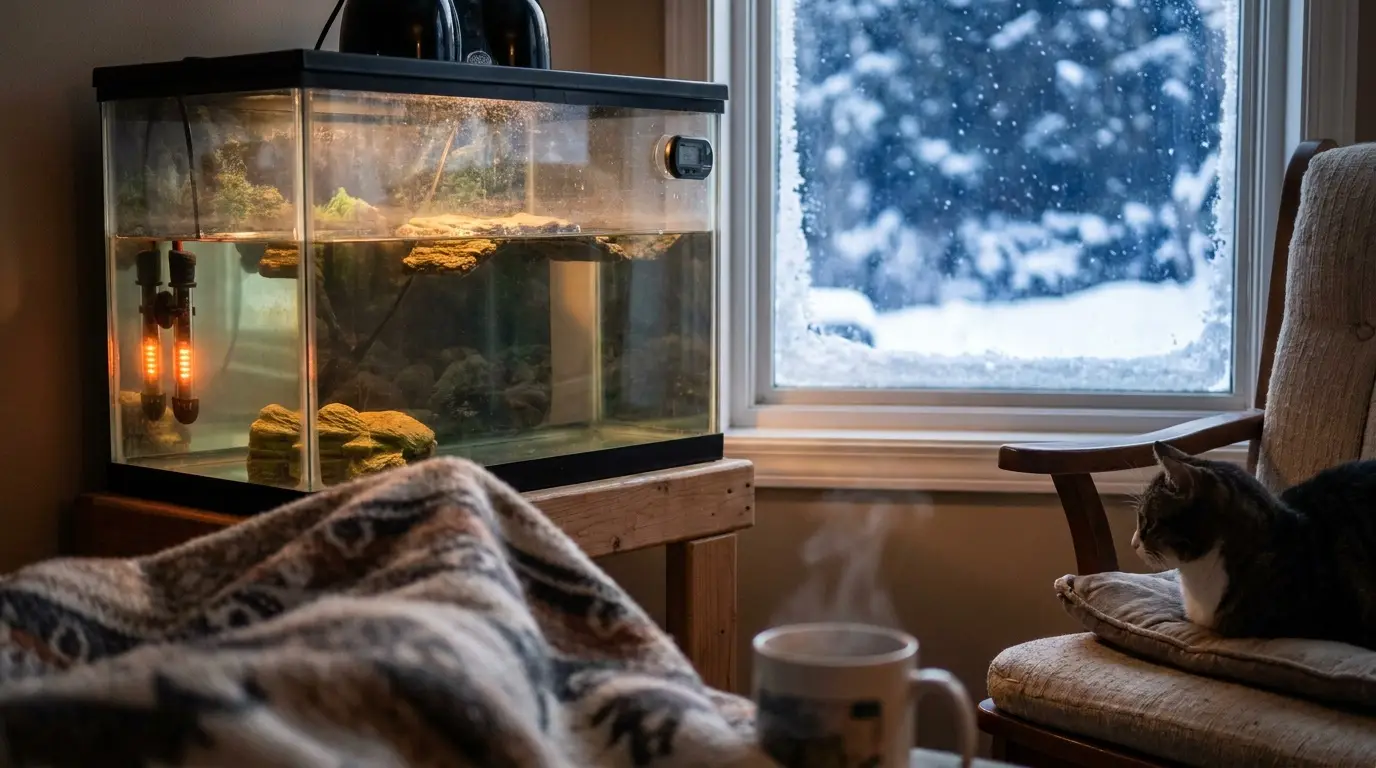 Turtle tank near a frosty window with a glowing submersible heater