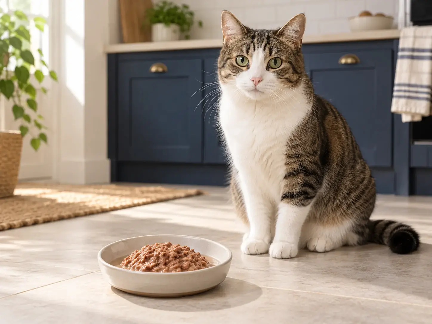 Illustration of an adult cat beside a bowl of wet food