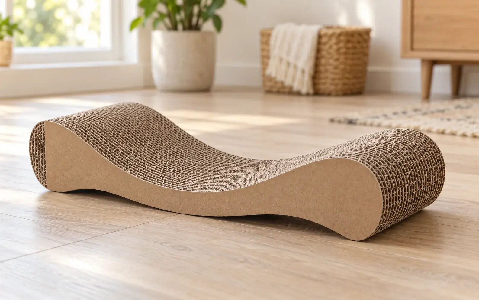Illustration of a curved corrugated-cardboard cat scratcher lounger