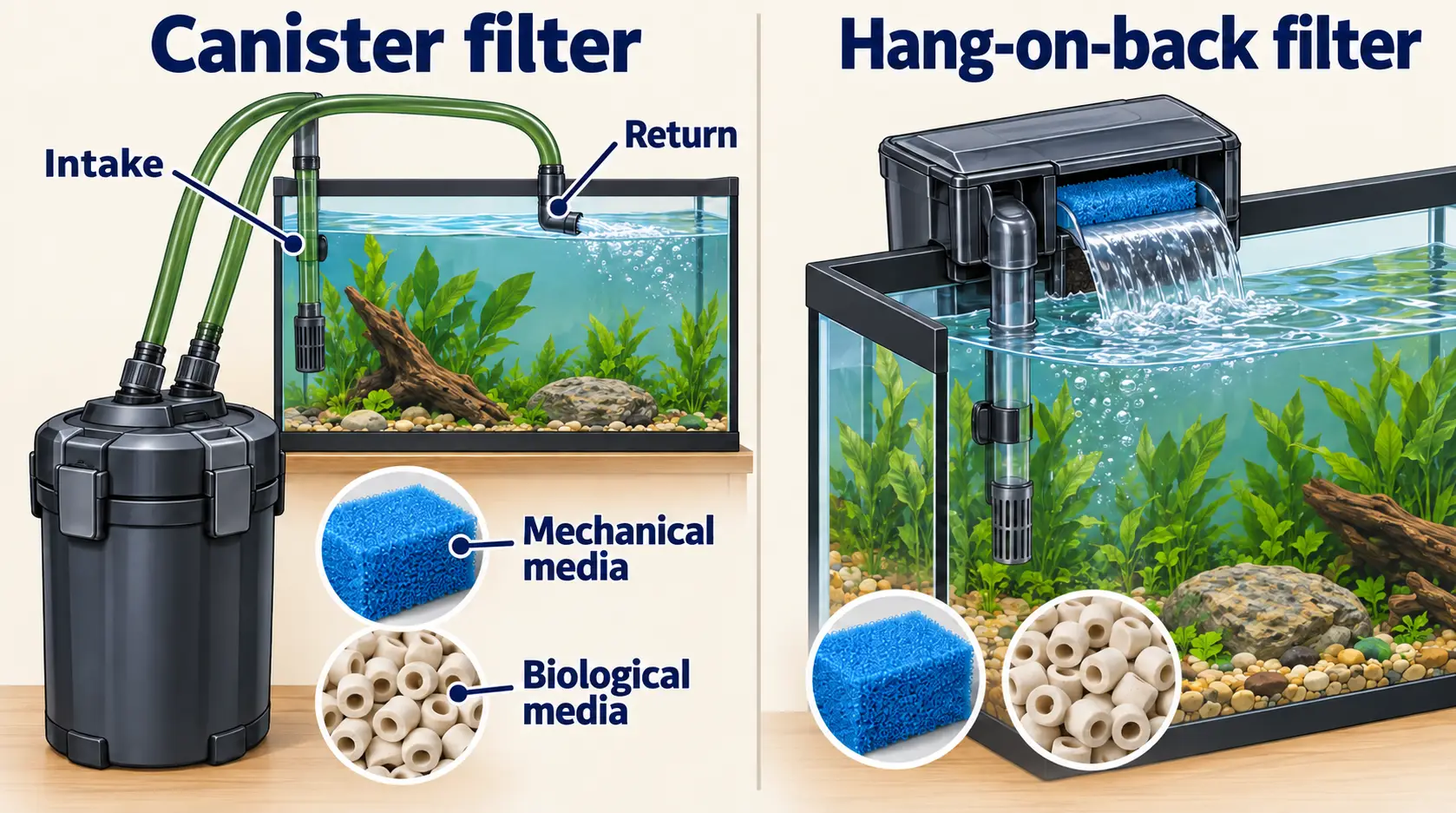 Conceptual comparison of external canister and hang-on-back filters