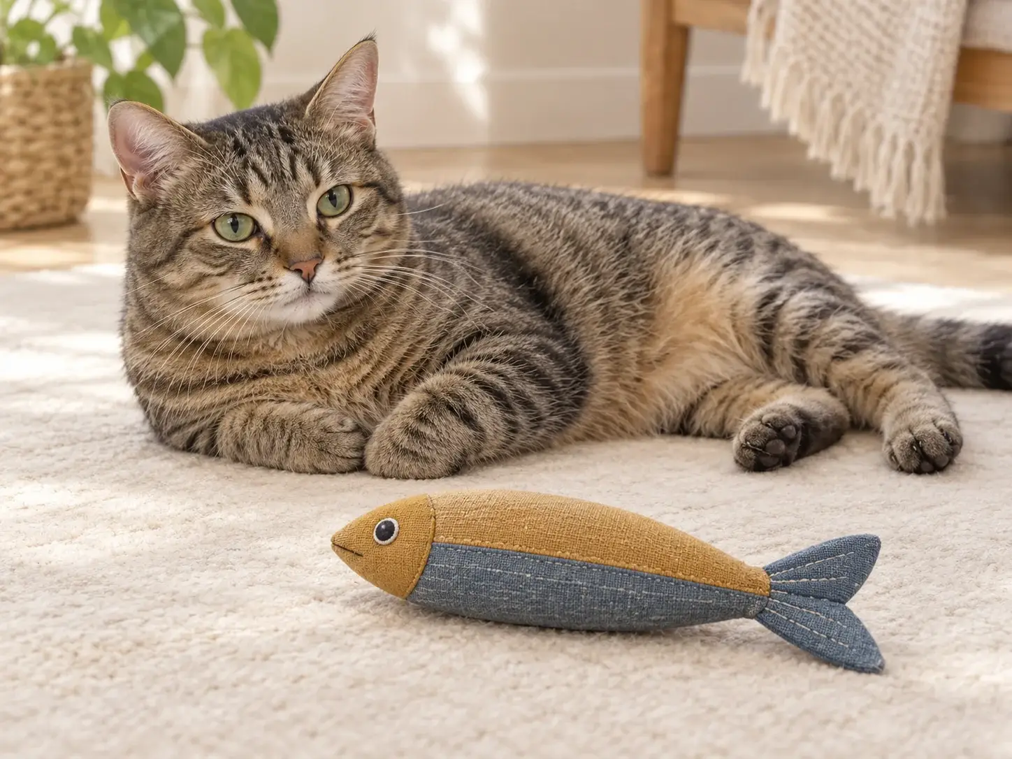 Illustration of a tabby cat beside a fish-shaped fabric kicker toy