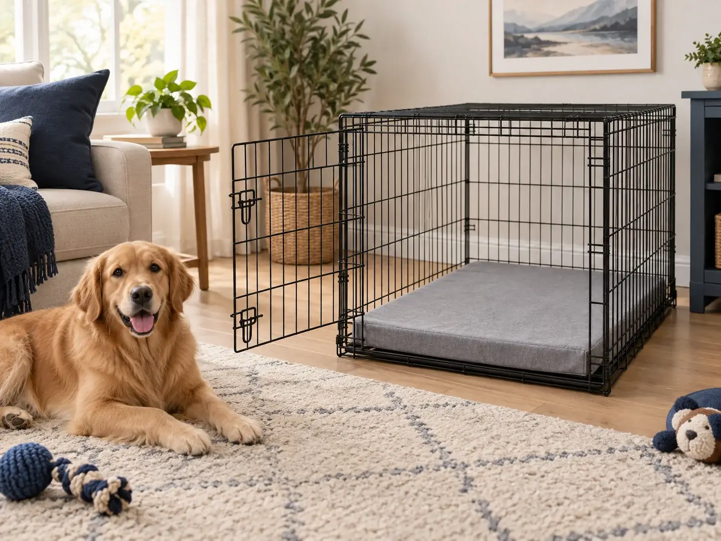 Illustration of a dog beside a wire crate with a flat rectangular pad inside