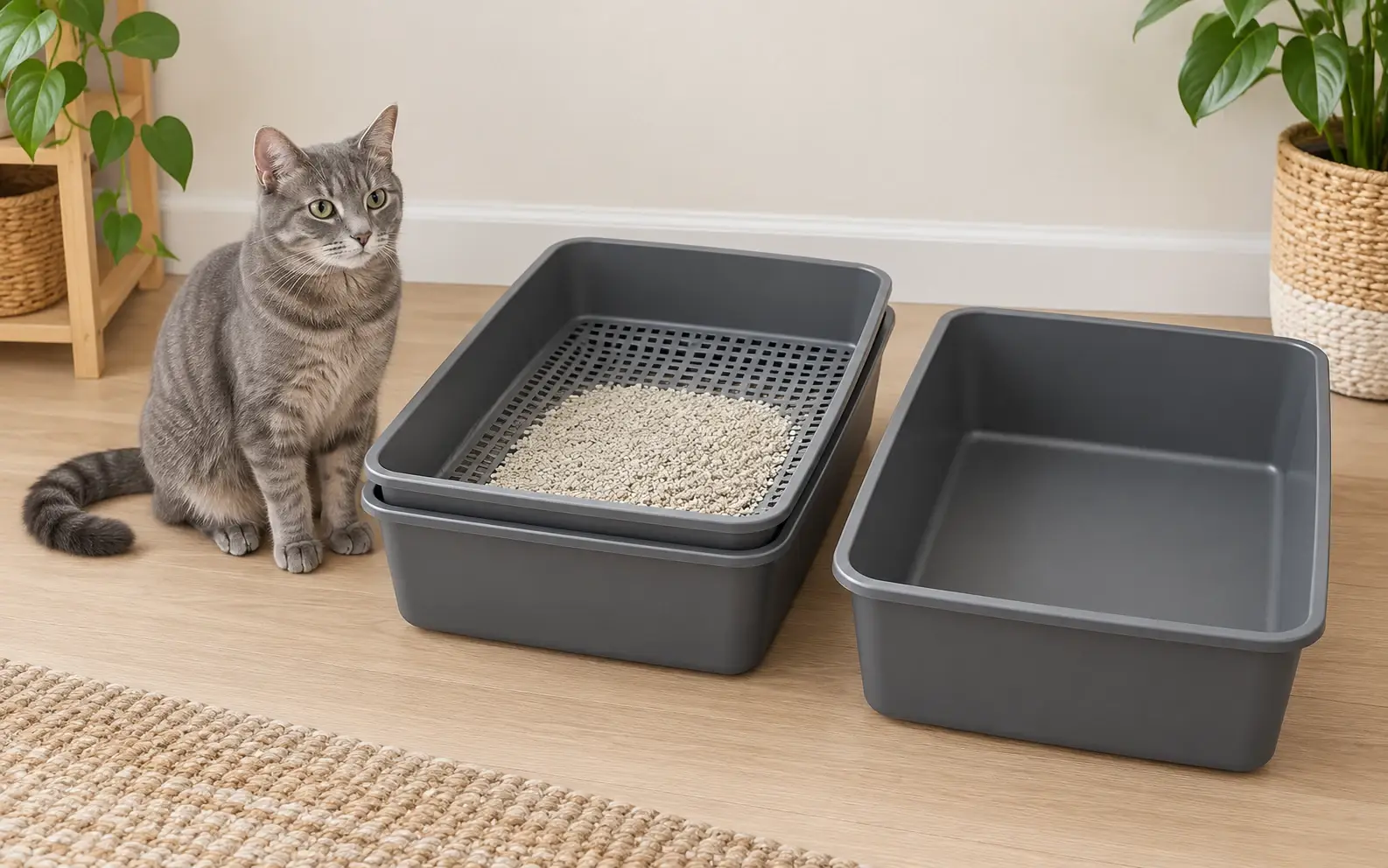 Illustration of a gray cat beside a perforated sifting litter tray and two solid pans.