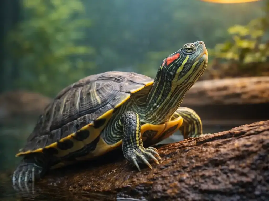 Red-eared slider basking on a log under a heat lamp