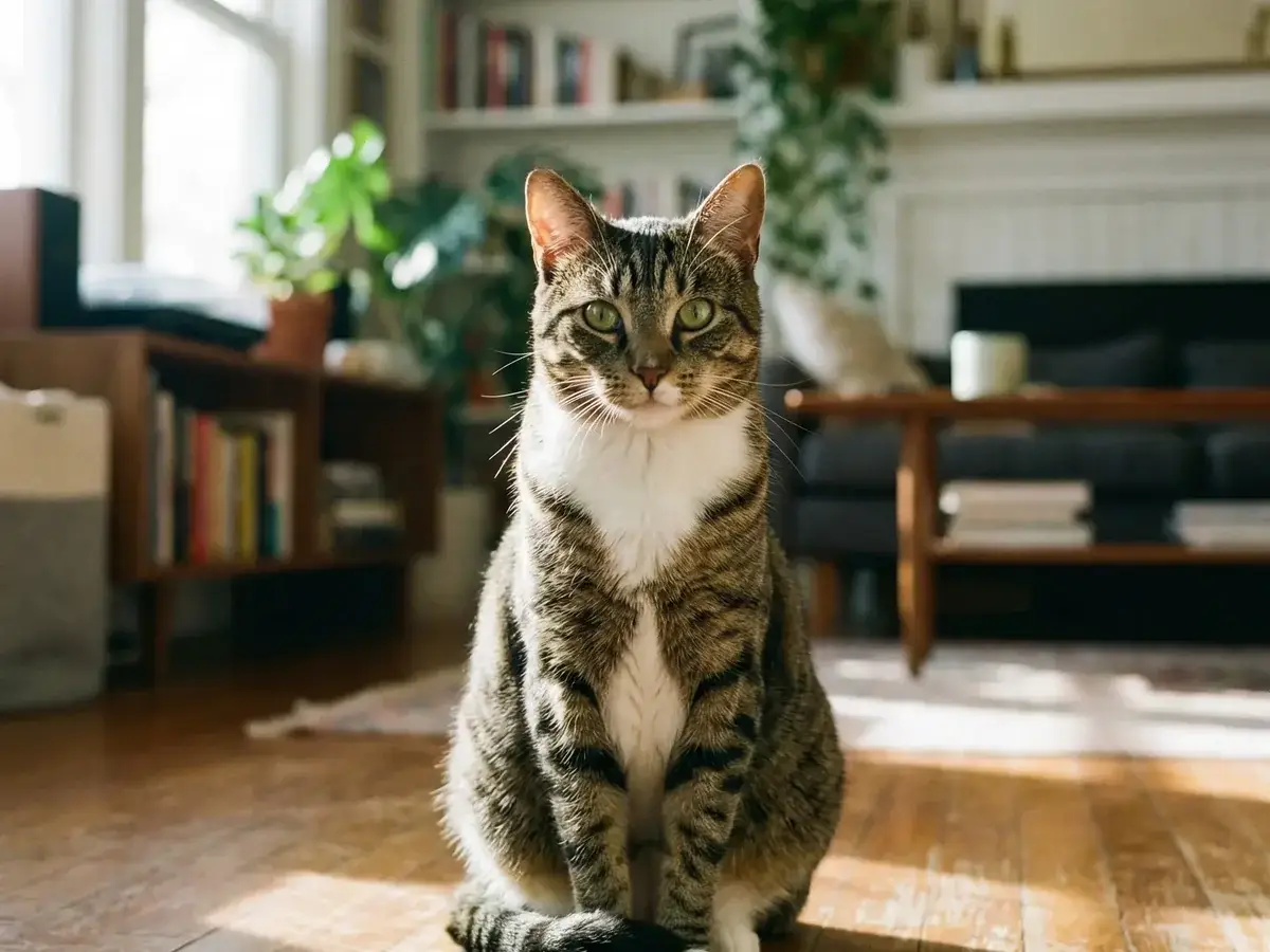 Tabby cat sitting in a sunlit living room