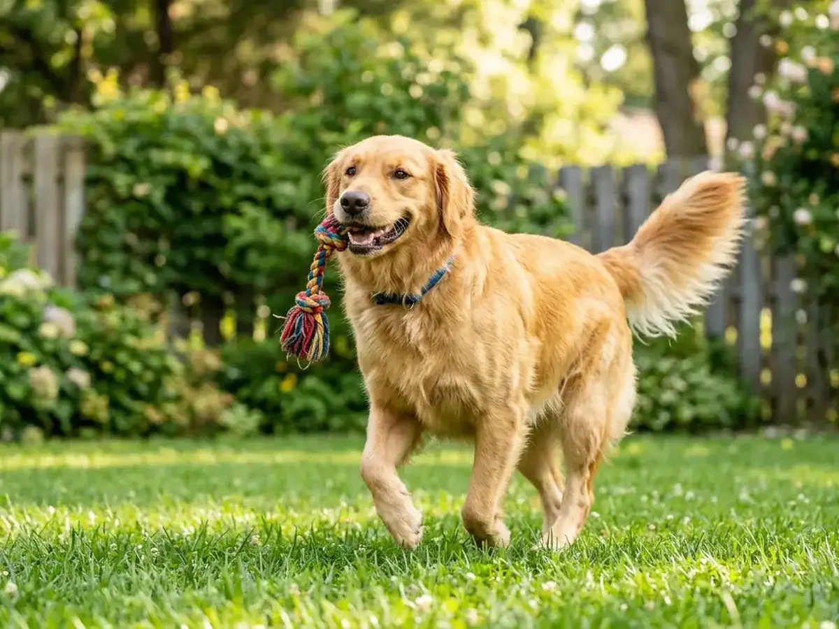Golden retriever trotting across a lawn with a rope toy