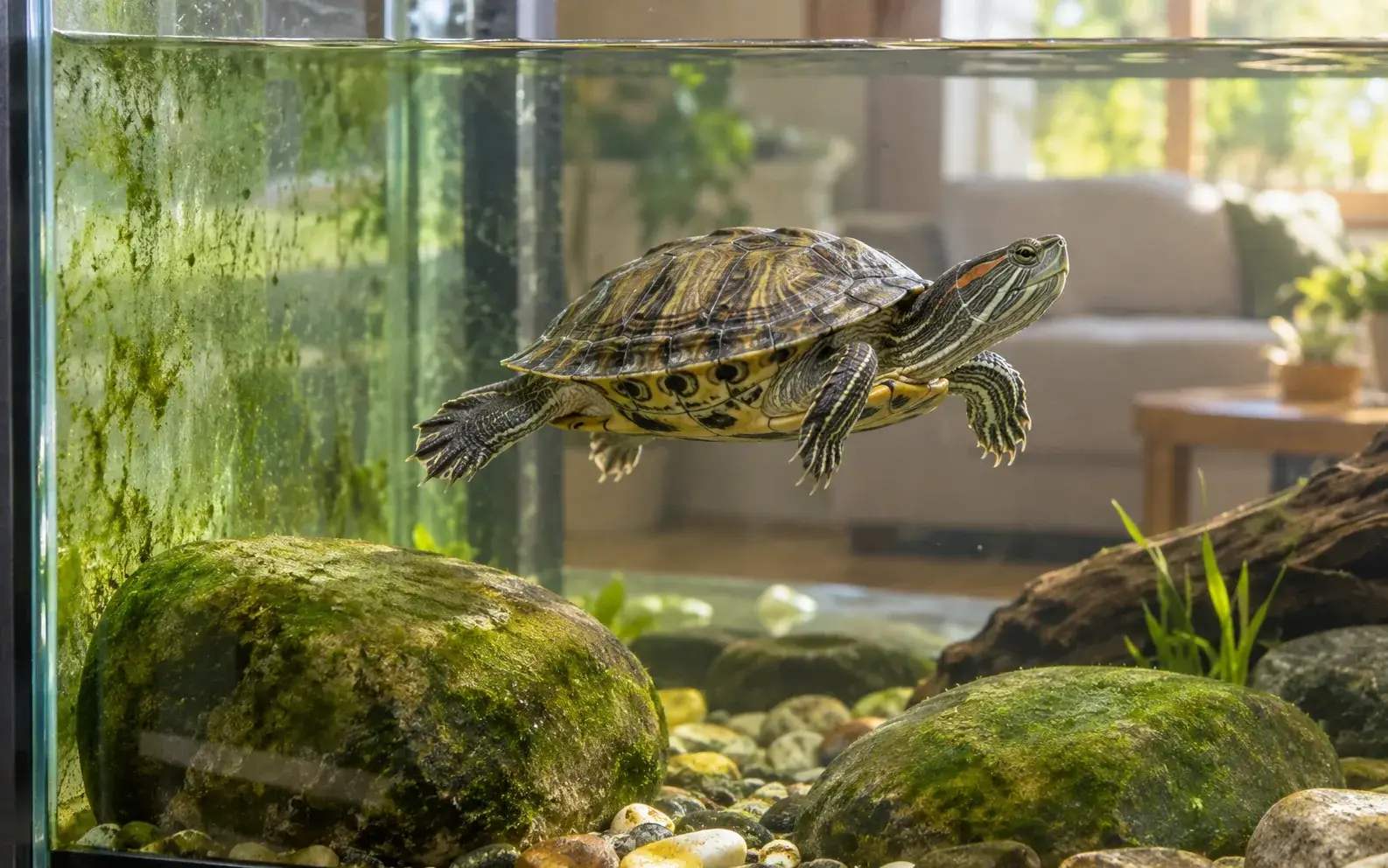 Aquatic turtle swimming beside algae-covered aquarium glass and large rocks