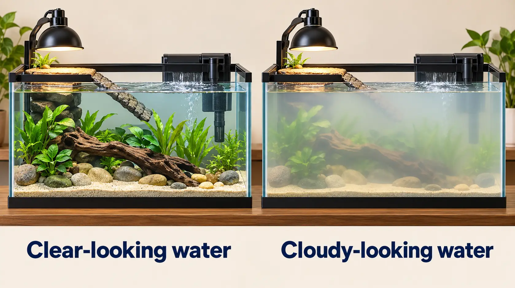 Illustration comparing clear-looking and cloudy-looking aquarium water